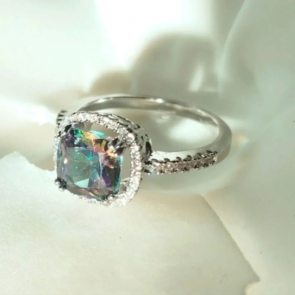 Mystic Topaz Cocktail Ring 14K White Gold surrounded by 38 Clear White Topaz
